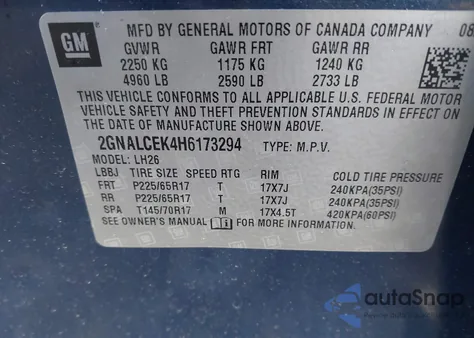 2017 Chevrolet Equinox Lt from USA, damaged, VIN 2GNALCEK4H6173294